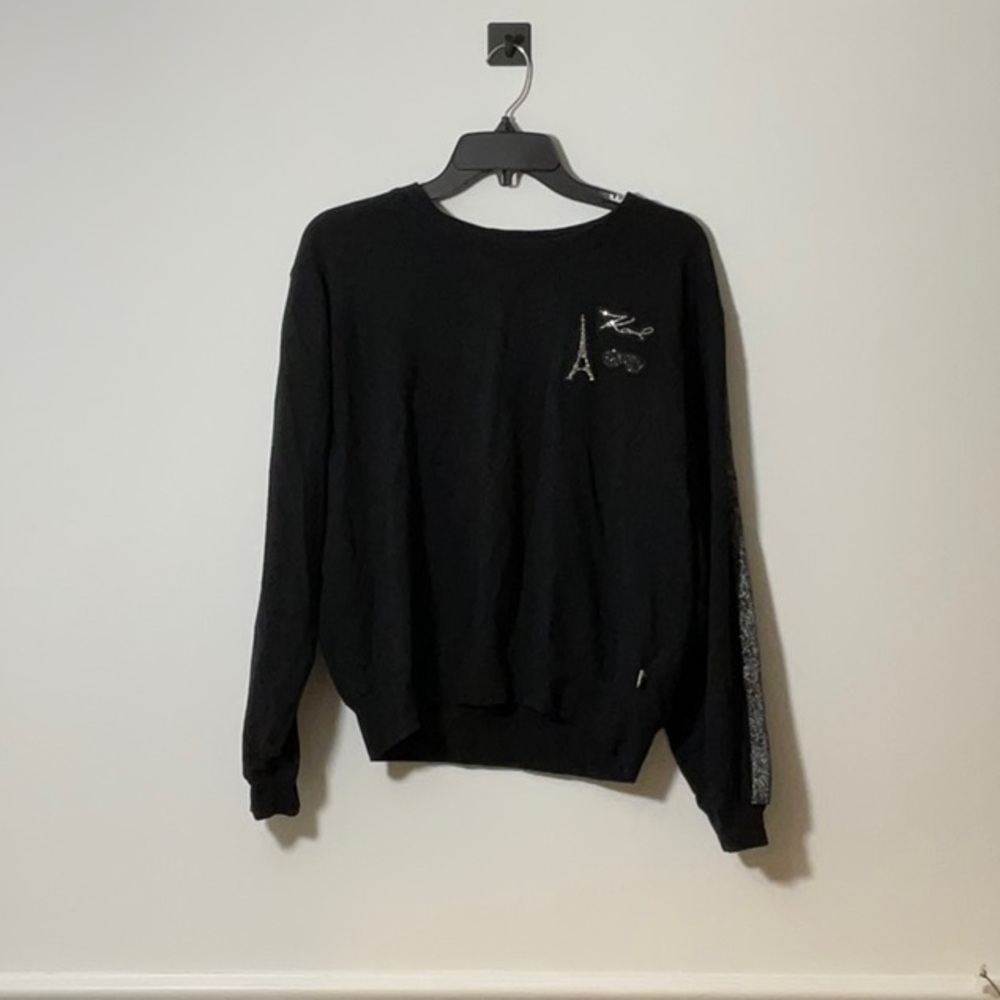 Karl Lagerfeld Black Crewneck Sweater with Ribbed Cuffs